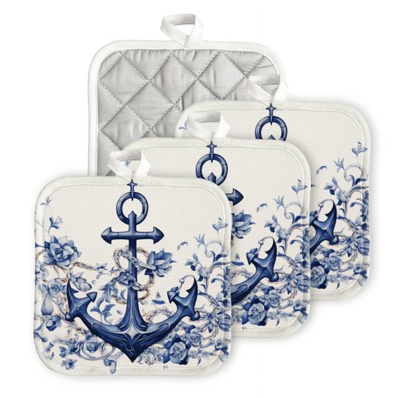 BaHomeck Heat Resistant Hot Pads 4 pack Anchor Surrounded By Blue Floral Square Pot Holder for Kitchen Cooking oven And BBQ grill with Hanging Loop Potholder machine washable
