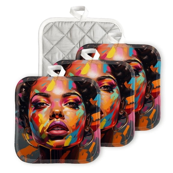 BaHomeck Heat Resistant Hot Pads 4 pack Beautiful Black Woman With Colorful Makeup Afro Hairstyle Square Pot Holder for Kitchen Cooking oven And BBQ grill with Hanging Loop Potholder machine washable