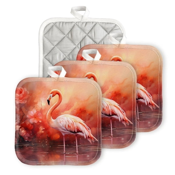 Bahomeck Pot Holder 4Pcs,Beautiful Flamingo Stands In The Water Surrounded By Pink Square Heat Resistant Hot Pads For Kitchen Cooking Oven With Hanging Loop Potholder Easy To Store