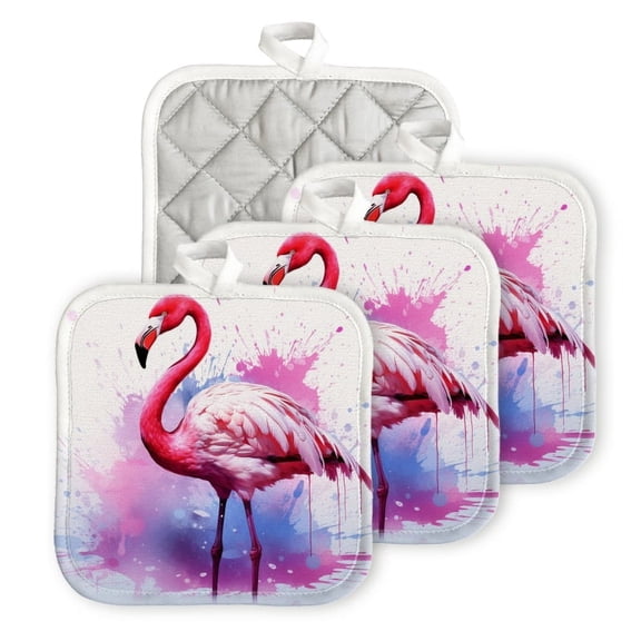 BaHomeck Heat Resistant Hot Pads 4 pack Beautiful Pink Flamingo Standing On White Background Square Pot Holder for Kitchen Cooking oven And BBQ grill with Hanging Loop Potholder machine washable