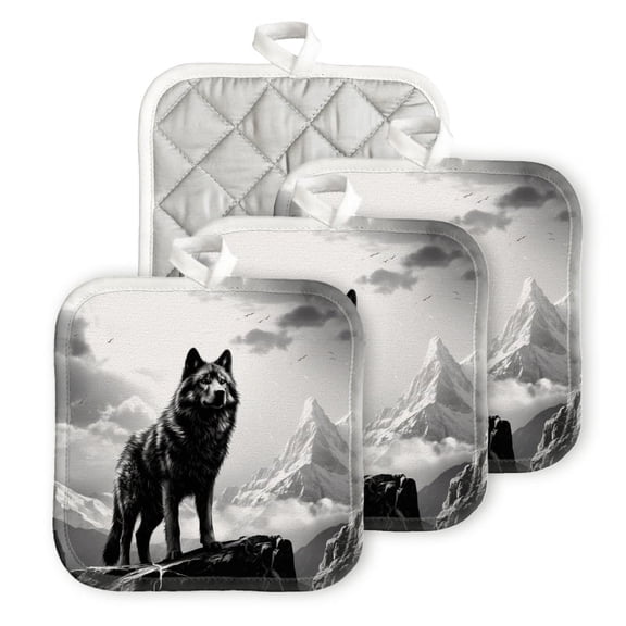BaHomeck Heat Resistant Hot Pads 4 pack Black And White Wolf Standing On The Top Of Mountain Square Pot Holder for Kitchen Cooking oven And BBQ grill with Hanging Loop Potholder machine washable