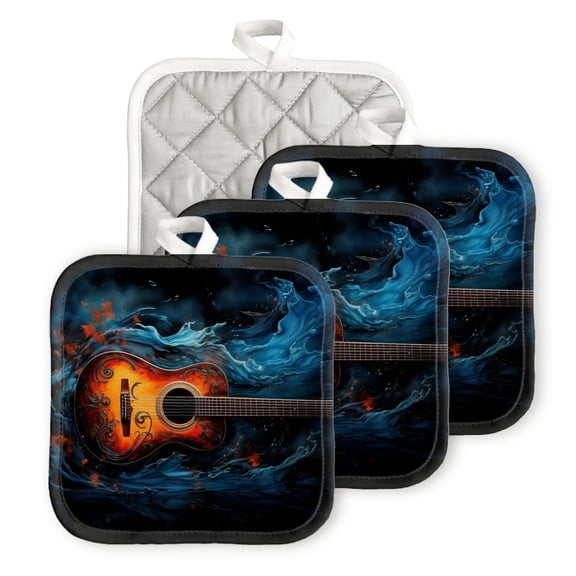 BaHomeck Heat Resistant Hot Pads 4 pack Celestial Guitar Set Against Water Element Background Square Pot Holder for Kitchen Cooking oven And BBQ grill with Hanging Loop Potholder machine washable