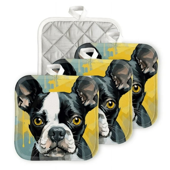 BaHomeck Pot Holders 4pcs dacron Made Square heat-resisting mat Machine Washable for Kitchen Oven Hot Pads 6.7inch*6.7inch,Cute Boston Terrier In The Style Of Digital