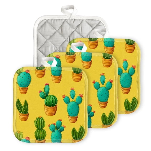Bahomeck Pot Holder 4Pcs,Cute Cartoon Cacti In Pots Square Heat Resistant Hot Pads For Kitchen Cooking Oven With Hanging Loop Potholder Easy To Store