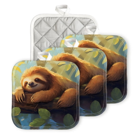 BaHomeck Heat Resistant Hot Pads 4 pack Cute Cartoon Sloth Sitting On The Branch Square Pot Holder for Kitchen Cooking oven And BBQ grill with Hanging Loop Potholder machine washable