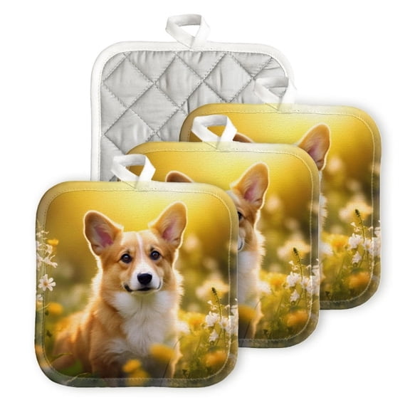 BaHomeck Heat Resistant Hot Pads 4 pack Cute Corgi Dog Sitting In Sunlit Field Of Flowers Square Pot Holder for Kitchen Cooking oven And BBQ grill with Hanging Loop Potholder machine washable