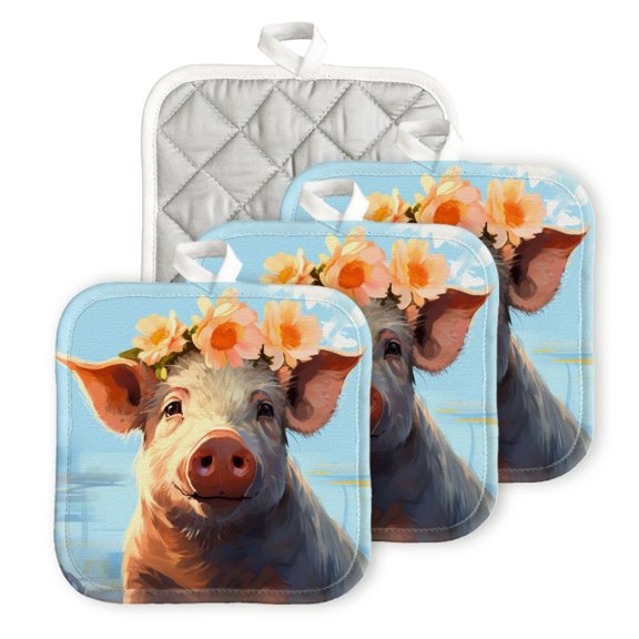 Bahomeck Pot Holder 4Pcs,Cute Pig Wearing Flower Crown On Head Square Heat Resistant Hot Pads For Kitchen Cooking Oven With Hanging Loop Potholder Easy To Store