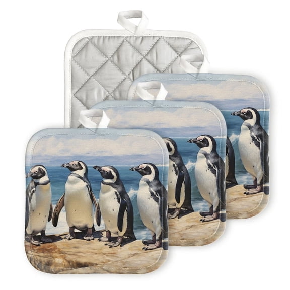 BaHomeck Heat Resistant Hot Pads 4 pack Four African Penguins Standing On The Edge Of Ocean Cliff Square Pot Holder for Kitchen Cooking oven And BBQ grill with Hanging Loop Potholder machine washable