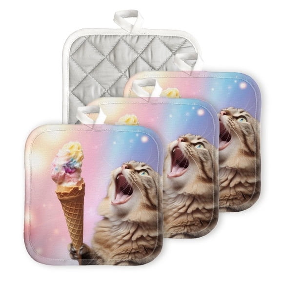BaHomeck Heat Resistant Hot Pads 4 pack Funny Cat Eating Ice Cream Square Pot Holder for Kitchen Cooking oven And BBQ grill with Hanging Loop Potholder machine washable