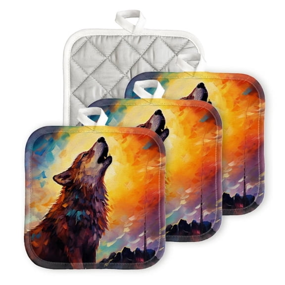 BaHomeck Heat Resistant Hot Pads 4 pack Howling Wolf With Glowing Sun In The Background Square Pot Holder for Kitchen Cooking oven And BBQ grill with Hanging Loop Potholder machine washable
