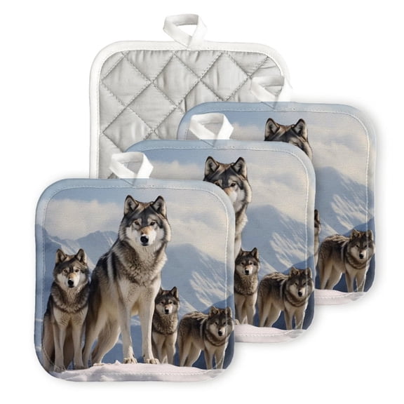 BaHomeck Heat Resistant Hot Pads 4 pack Majestic Pack Of Wolves Standing On The Snow-Covered Square Pot Holder for Kitchen Cooking oven And BBQ grill with Hanging Loop Potholder machine washable