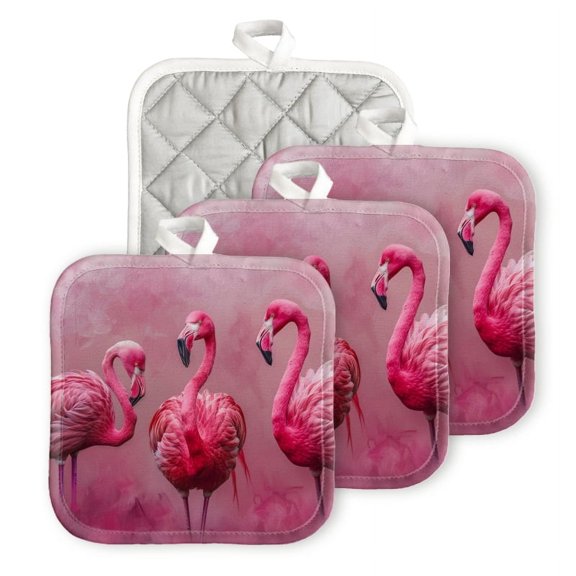 Bahomeck Pot Holder 4Pcs,Pink Flamingos In Front Of Pink Background Square Heat Resistant Hot Pads For Kitchen Cooking Oven With Hanging Loop Potholder Easy To Store