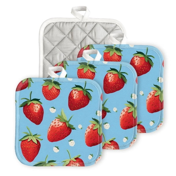 BaHomeck Heat Resistant Hot Pads 4 pack Strawberries With Blue Background Square Pot Holder for Kitchen Cooking oven And BBQ grill with Hanging Loop Potholder machine washable