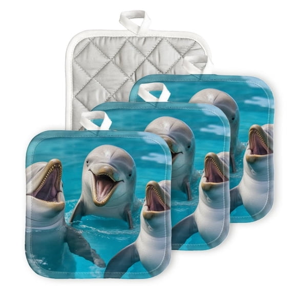 BaHomeck Heat Resistant Hot Pads 4 pack Three Dolphins Smiling And Laughing In The Blue Pool Square Pot Holder for Kitchen Cooking oven And BBQ grill with Hanging Loop Potholder machine washable