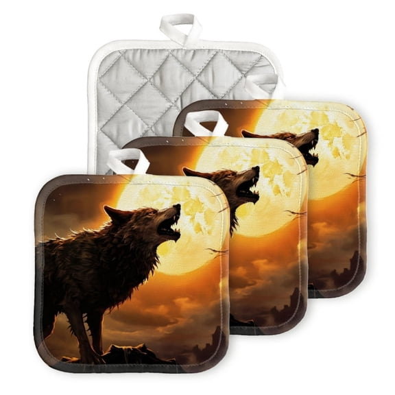 Bahomeck Pot Holder 4Pcs,Wolf Howling At The Full Moon Before The Castle Square Heat Resistant Hot Pads For Kitchen Cooking Oven With Hanging Loop Potholder Easy To Store