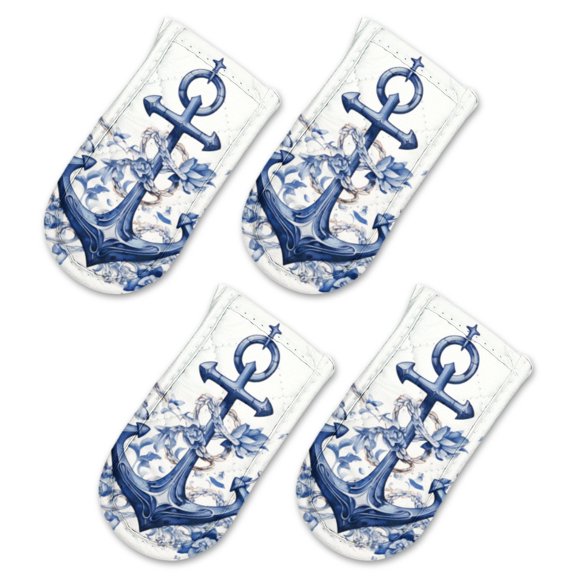 BaHomeck Pot Handle Holder Covers 4Pcs, Anchor Surrounded By Blue Floral Non Slip Heat-Resisting Pan Handle Covers For Home Kitchen Baking Cooking BBQ Cookwares,63In
