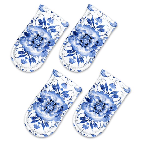 BaHomeck Pot Handle Holder Covers 4Pcs, Blue And White Porcelain Pattern With Floral Motifs Non Slip Heat-Resisting Pan Handle Covers For Home Kitchen Baking Cooking BBQ Cookwares,6×3In