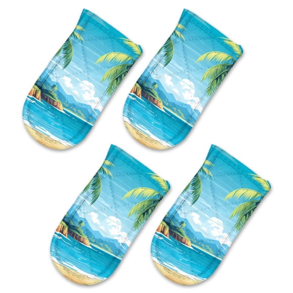 BaHomeck Pot Handle Holder Covers 4Pcs, Cartoon Vector-Style Landscape View Of The Palm Trees Non Slip Heat-Resisting Pan Handle Covers For Home Kitchen Baking Cooking BBQ Cookwares,63In