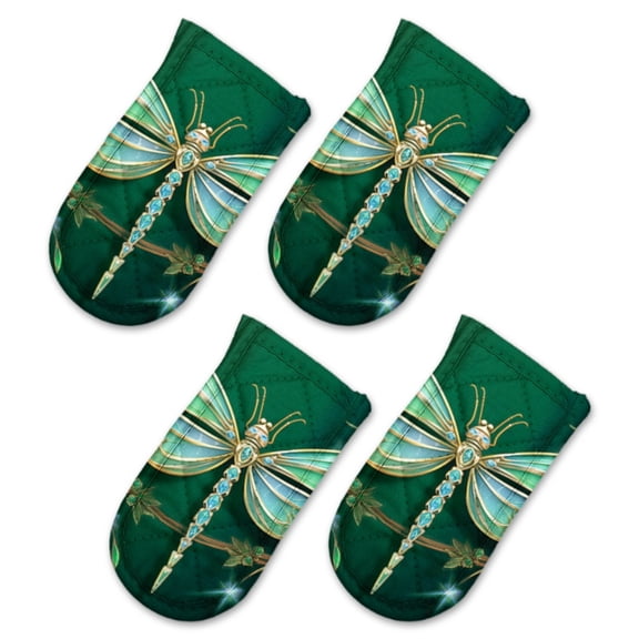BaHomeck Pot Handle Holder Covers 4Pcs, Dragonfly Made Of Emerald Green Gemstones And Gold Non Slip Heat-Resisting Pan Handle Covers For Home Kitchen Baking Cooking BBQ Cookwares,63In