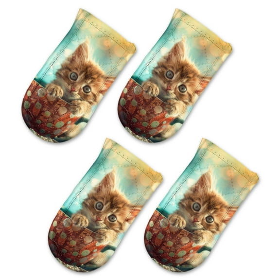 BaHomeck Pot Handle Holder Covers 4Pcs, Tiny Kitten Sits In Ornate Polka-Dotted Coffee Cup Non Slip Heat-Resisting Pan Handle Covers For Home Kitchen Baking Cooking BBQ Cookwares,63In