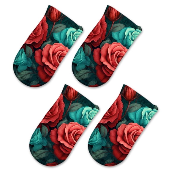 BaHomeck Pot Handle Holder Covers 4Pcs, Vector Pattern Of Red And Teal Roses In Cartoon Style Non Slip Heat-Resisting Pan Handle Covers For Home Kitchen Baking Cooking BBQ Cookwares,63In