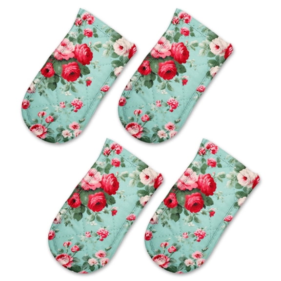 BaHomeck Pot Handle Holder Covers 4Pcs, Vintage Shabby Chic Roses Floral Pattern On Turquoise Background Non Slip Heat-Resisting Pan Handle Covers For Home Kitchen Baking Cooking BBQ Cookwares,63In