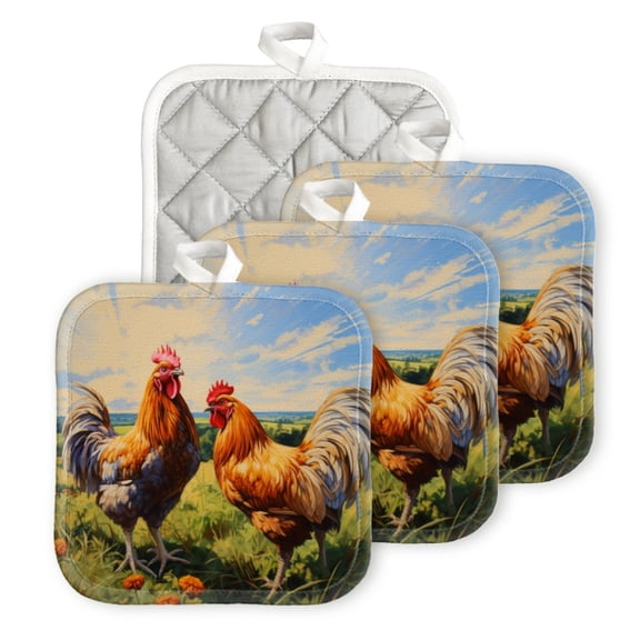BaHomeck Pot Holder for Kitchen 4pcs,20cm×20cm Square Heat Resistant Funny Hotpads Non Slip Dirt-Proof Kitchen Cook Oven Potholders Machine Washable-A Pair Of Roosters Standing