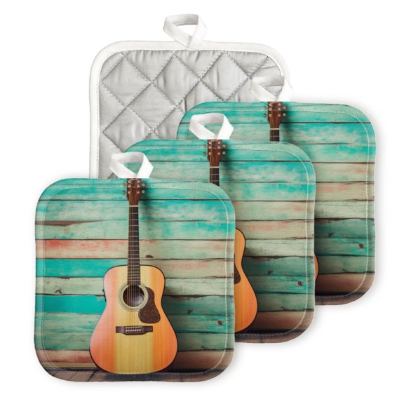 BaHomeck Pot Holder for Kitchen 4pcs,20cm×20cm Square Heat Resistant Funny Hotpads Non Slip Dirt-Proof Kitchen Cook Oven Potholders Machine Washable-Acoustic Guitar On Colorful Painted Wooden Planks