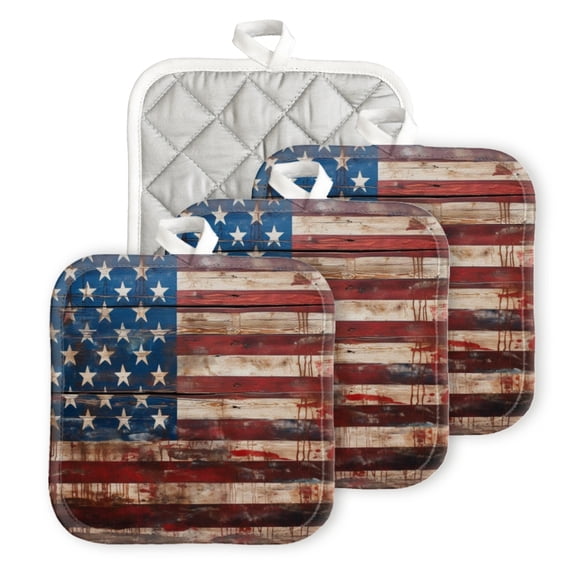 BaHomeck Pot Holder for Kitchen 4pcs,20cm×20cm Square Heat Resistant Funny Hotpads Non Slip Dirt-Proof Kitchen Cook Oven Potholders Machine Washable-American Flag On Distressed Wood In Vintage Style