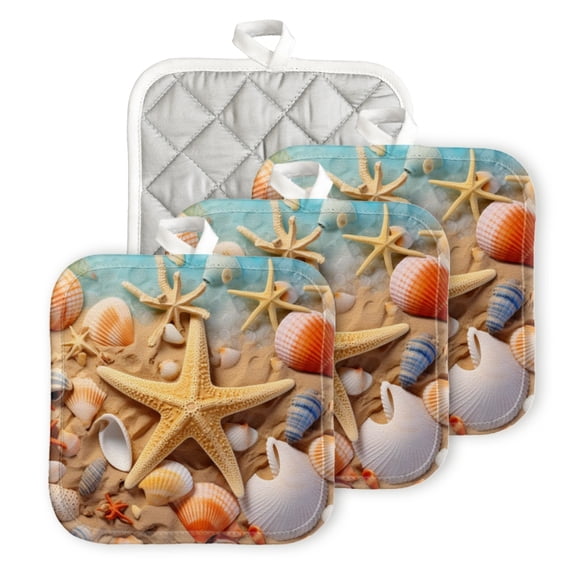 BaHomeck Pot Holder for Kitchen 4pcs,20cm×20cm Square Heat Resistant Funny Hotpads Non Slip Dirt-Proof Kitchen Cook Oven Potholders Machine Washable-Beach Scene With Starfish And Seashells