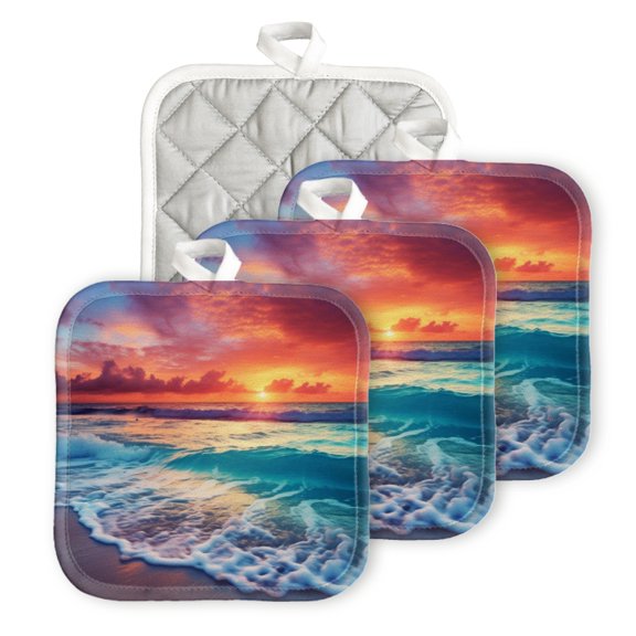 BaHomeck Pot Holder for Kitchen 4pcs,20cm×20cm Square Heat Resistant Funny Hotpads Non Slip Dirt-Proof Kitchen Cook Oven Potholders Machine Washable-Beautiful Sunset Over The Ocean