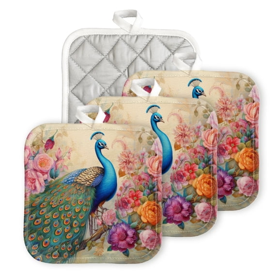 BaHomeck Pot Holder for Kitchen 4pcs,20cm×20cm Square Heat Resistant Funny Hotpads Non Slip Dirt-Proof Kitchen Cook Oven Potholders Machine Washable-Beautiful Peacock Surrounded By Roses