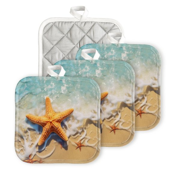 BaHomeck Pot Holder for Kitchen 4pcs,20cm×20cm Square Heat Resistant Funny Hotpads Non Slip Dirt-Proof Kitchen Cook Oven Potholders Machine Washable-Beautiful Starfish Lies On The Sand Of Beach