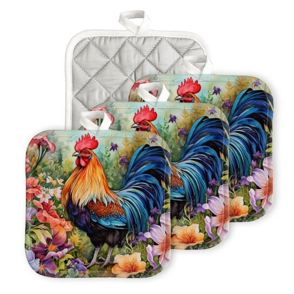 BaHomeck Pot Holder for Kitchen 4pcs,20cm×20cm Square Heat Resistant Funny Hotpads Non Slip Dirt-Proof Kitchen Cook Oven Potholders Machine Washable-Beautiful Rooster Standing