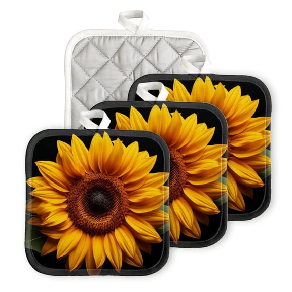 BaHomeck Pot Holder for Kitchen 4pcs,20cm×20cm Square Heat Resistant Funny Hotpads Non Slip Dirt-Proof Kitchen Cook Oven Potholders Machine Washable-Beautiful Sunflower Against Black Background