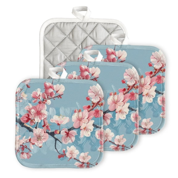 BaHomeck Pot Holder for Kitchen 4pcs,20cm×20cm Square Heat Resistant Funny Hotpads Non Slip Dirt-Proof Kitchen Cook Oven Potholders Machine Washable-Beautiful Cherry Blossom Pattern
