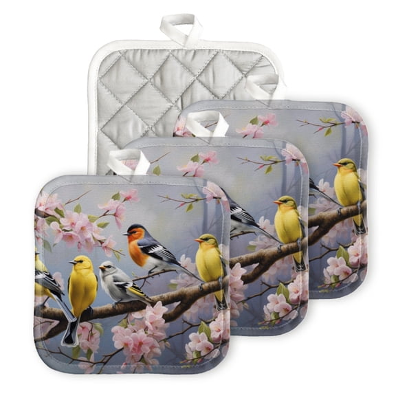 BaHomeck Pot Holder for Kitchen 4pcs,20cm×20cm Square Heat Resistant Funny Hotpads Non Slip Dirt-Proof Kitchen Cook Oven Potholders Machine Washable-Birds Sitting On Cherry Blossom Branches