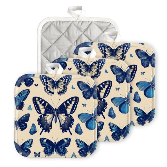 BaHomeck Pot Holder for Kitchen 4pcs,20cm×20cm Square Heat Resistant Funny Hotpads Non Slip Dirt-Proof Kitchen Cook Oven Potholders Machine Washable-Blue Butterflies With Wings Spread