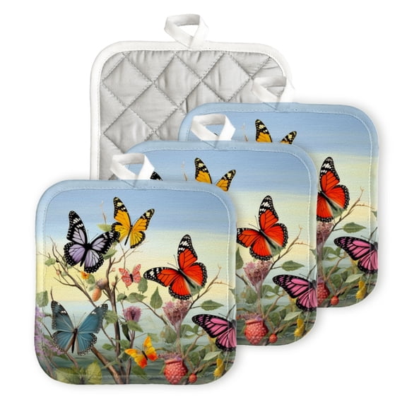 BaHomeck Pot Holder for Kitchen 4pcs,20cm×20cm Square Heat Resistant Funny Hotpads Non Slip Dirt-Proof Kitchen Cook Oven Potholders Machine Washable-Butterflies Flying Among The Branches And Flowers