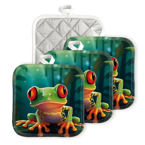 BaHomeck Pot Holder for Kitchen 4pcs,20cm×20cm Square Heat Resistant Funny Hotpads Non Slip Dirt-Proof Kitchen Cook Oven Potholders Machine Washable-Cartoon Red-Eyed Tree Frog In The Jungle