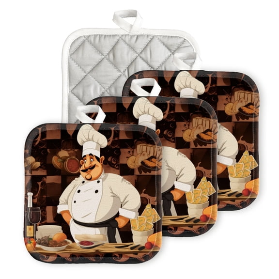 BaHomeck Pot Holder for Kitchen 4pcs,20cm×20cm Square Heat Resistant Funny Hotpads Non Slip Dirt-Proof Kitchen Cook Oven Potholders Machine Washable-Cartoon Chef Character Is Surrounded