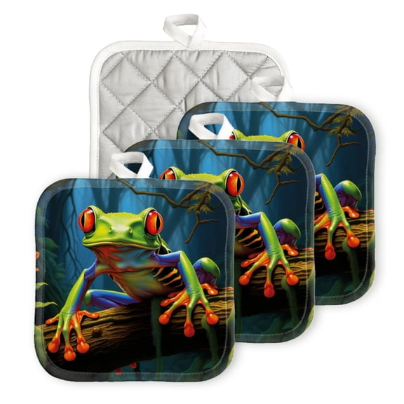 BaHomeck Pot Holder for Kitchen 4pcs,20cm×20cm Square Heat Resistant Funny Hotpads Non Slip Dirt-Proof Kitchen Cook Oven Potholders Machine Washable-Colorful Red-Eyed Tree Frog Sitting