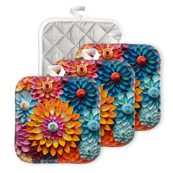 BaHomeck Pot Holder for Kitchen 4pcs,20cm×20cm Square Heat Resistant Funny Hotpads Non Slip Dirt-Proof Kitchen Cook Oven Potholders Machine Washable-Colorful Paper Quilled Flowers
