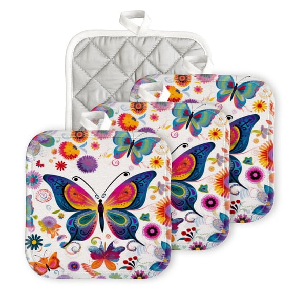 BaHomeck Pot Holder for Kitchen 4pcs,20cm×20cm Square Heat Resistant Funny Hotpads Non Slip Dirt-Proof Kitchen Cook Oven Potholders Machine Washable-Colorful Butterflies And Flowers