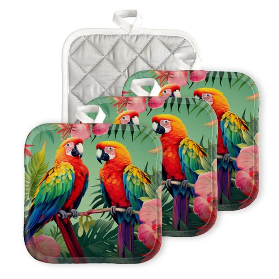 BaHomeck Pot Holder for Kitchen 4pcs,20cm×20cm Square Heat Resistant Funny Hotpads Non Slip Dirt-Proof Kitchen Cook Oven Potholders Machine Washable-Colorful Parrots Sitting On Tropical Flowers