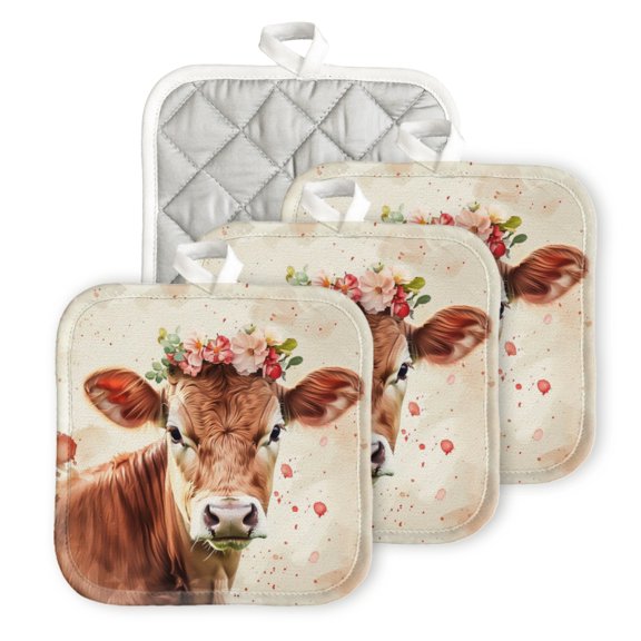 BaHomeck Pot Holder for Kitchen 4pcs,20cm×20cm Square Heat Resistant Funny Hotpads Non Slip Dirt-Proof Kitchen Cook Oven Potholders Machine Washable-Cute Brown Cow With Flower Crown On Head
