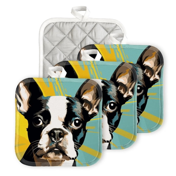 BaHomeck Pot Holder for Kitchen 4pcs,20cm×20cm Square Heat Resistant Funny Hotpads Non Slip Dirt-Proof Kitchen Cook Oven Potholders Machine Washable-Cute Boston Terrier Dog Pop Art Style