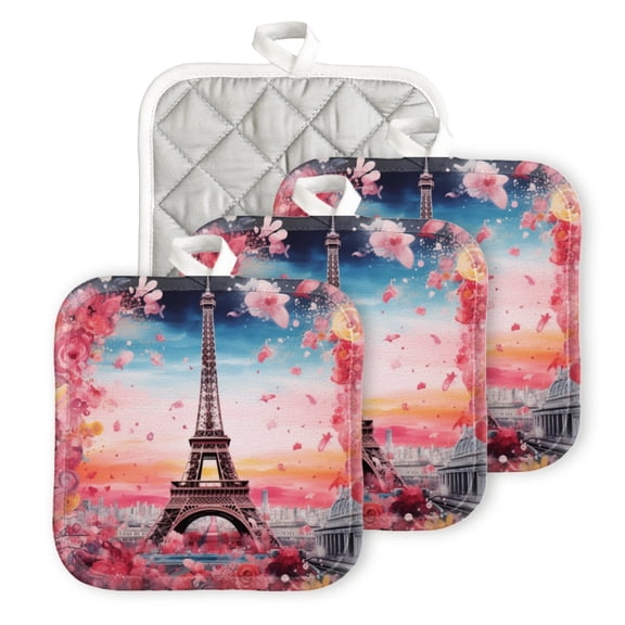 BaHomeck Pot Holder for Kitchen 4pcs,20cm×20cm Square Heat Resistant Funny Hotpads Non Slip Dirt-Proof Kitchen Cook Oven Potholders Machine Washable-Eiffel Tower Surrounded By Pink And Red Flowers