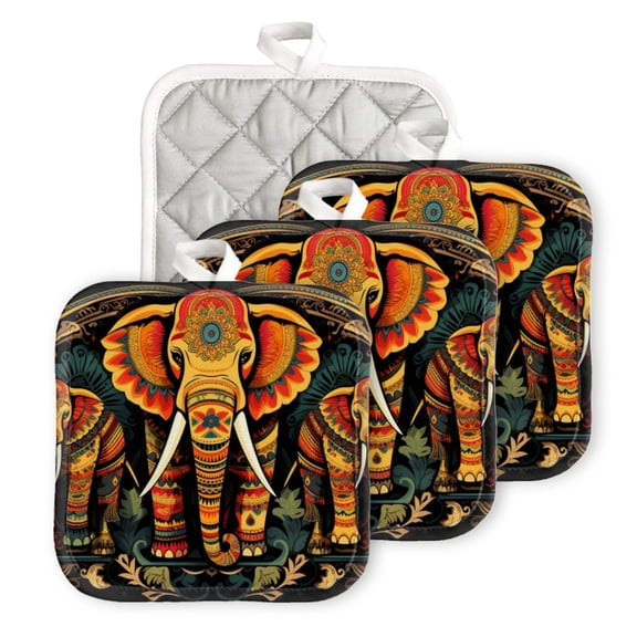 BaHomeck Pot Holder for Kitchen 4pcs,20cm×20cm Square Heat Resistant Funny Hotpads Non Slip Dirt-Proof Kitchen Cook Oven Potholders Machine Washable-Elephants With Colorful Patterns