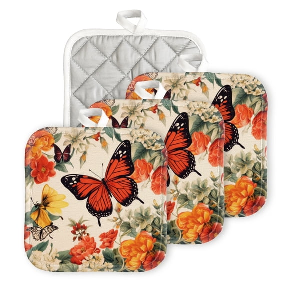 BaHomeck Pot Holder for Kitchen 4pcs,20cm×20cm Square Heat Resistant Funny Hotpads Non Slip Dirt-Proof Kitchen Cook Oven Potholders Machine Washable-Floral Pattern With Red Butterflies